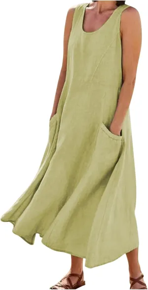 Maxi Dress for Women,2024 Summer Trendy Plain Plus Size Cotton Linen Dress,Casual Crewneck Sleeveless Flowy Sundress