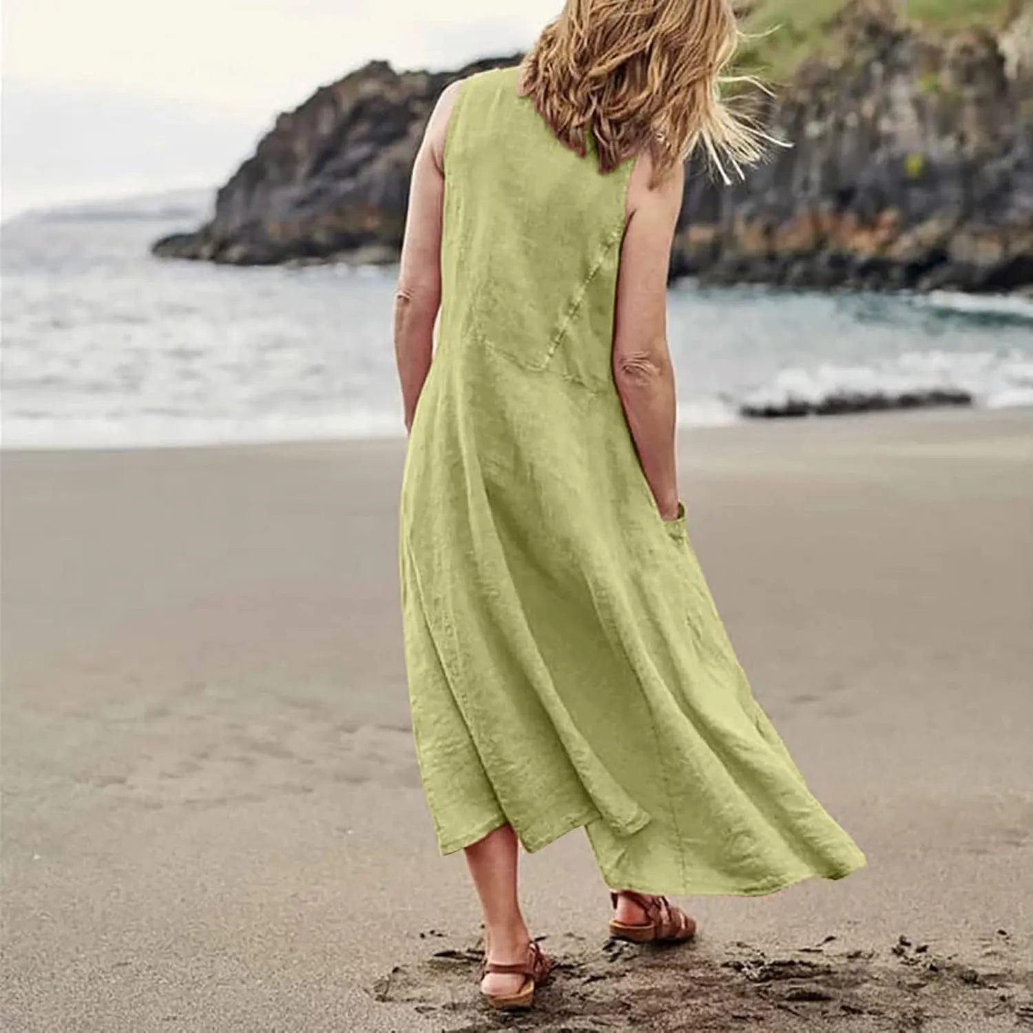 Maxi Dress for Women,2024 Summer Trendy Plain Plus Size Cotton Linen Dress,Casual Crewneck Sleeveless Flowy Sundress