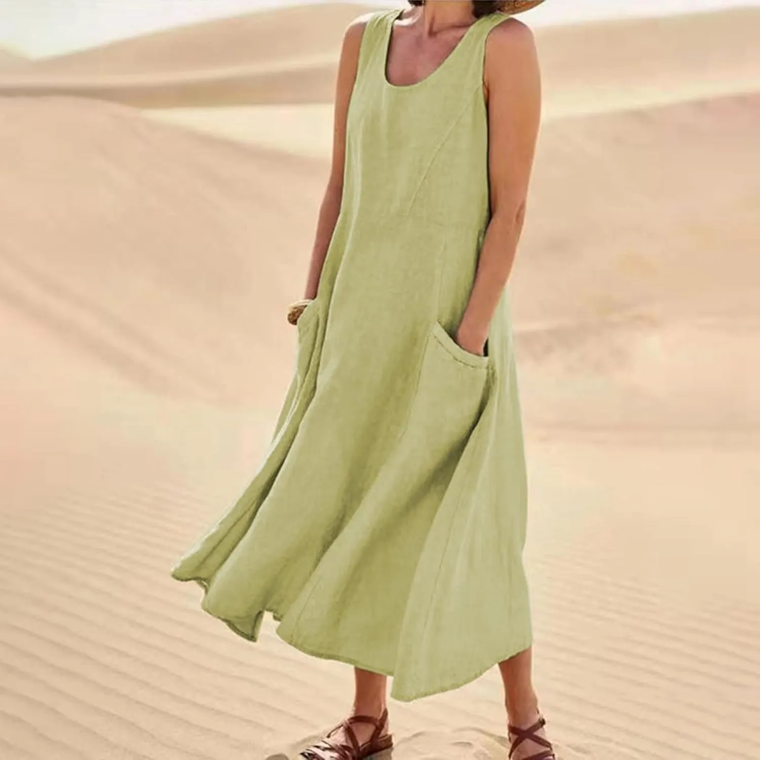 Maxi Dress for Women,2024 Summer Trendy Plain Plus Size Cotton Linen Dress,Casual Crewneck Sleeveless Flowy Sundress