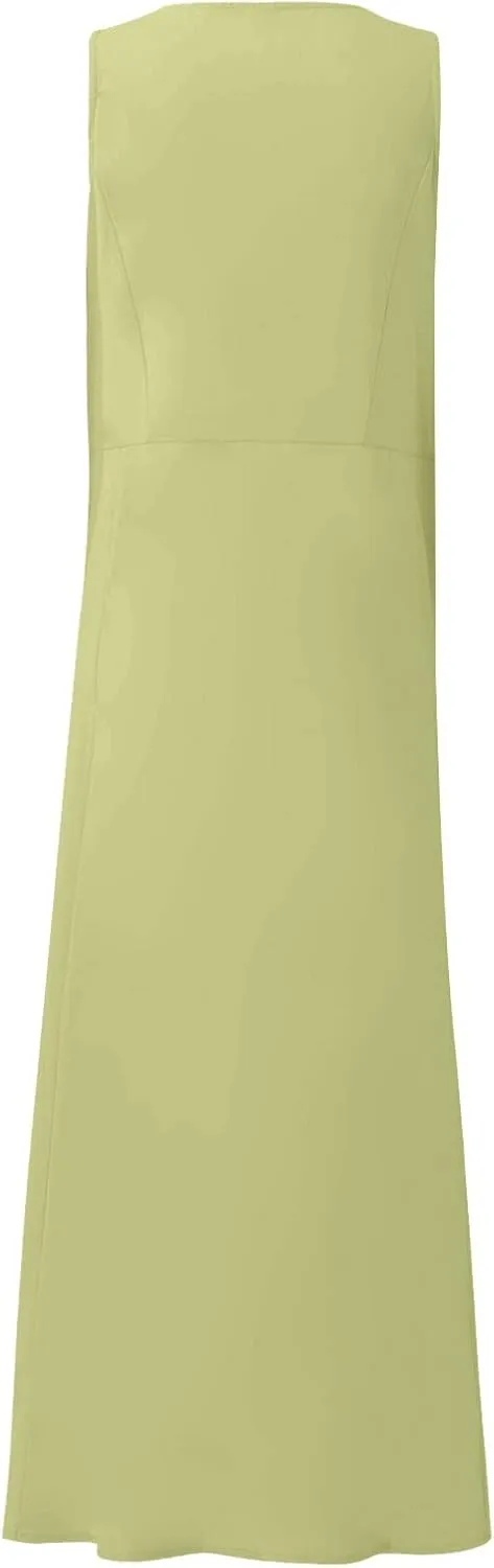 Maxi Dress for Women,2024 Summer Trendy Plain Plus Size Cotton Linen Dress,Casual Crewneck Sleeveless Flowy Sundress
