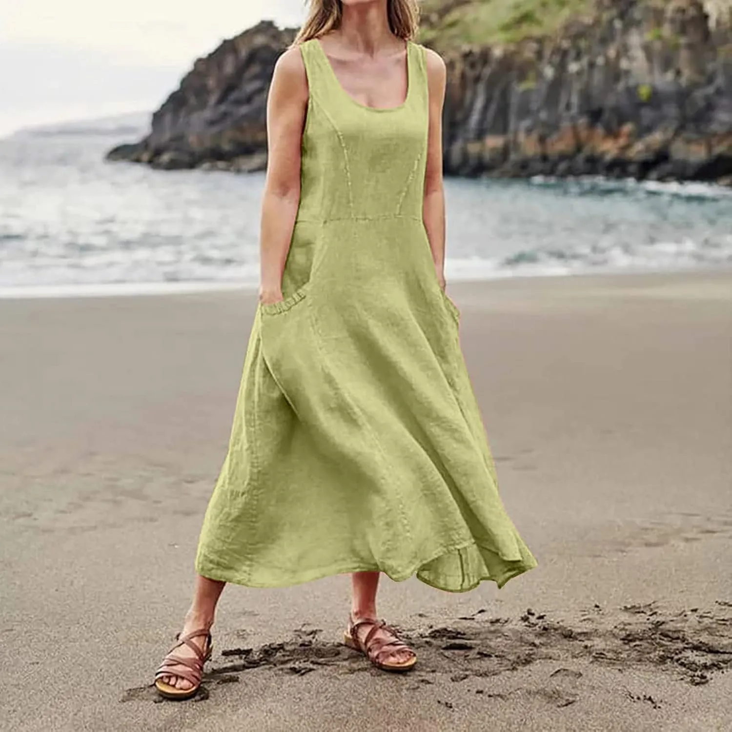 Maxi Dress for Women,2024 Summer Trendy Plain Plus Size Cotton Linen Dress,Casual Crewneck Sleeveless Flowy Sundress
