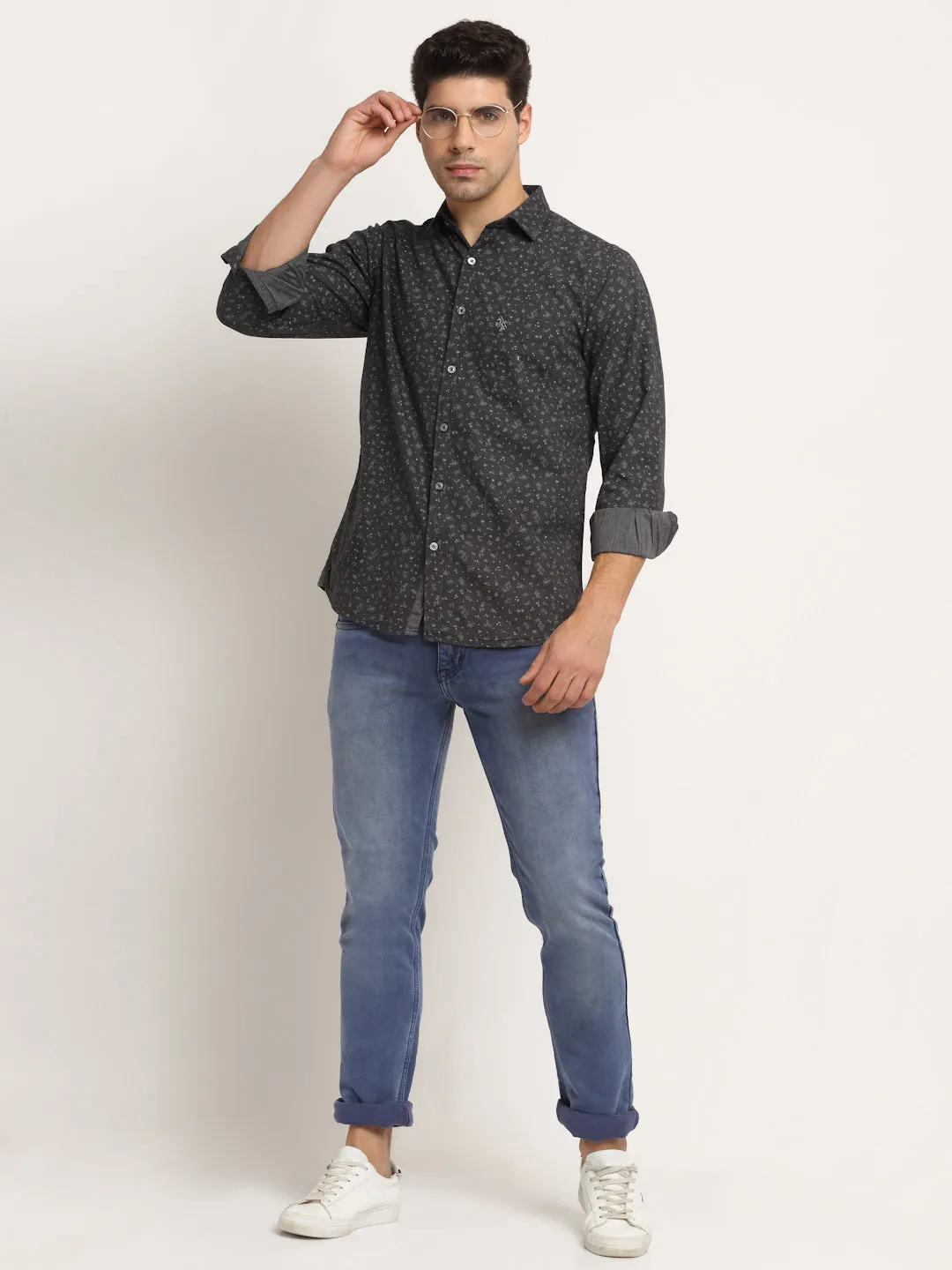 Men Cotton Printed Grey Full Sleeve Casual Shirt for Men with Pocket