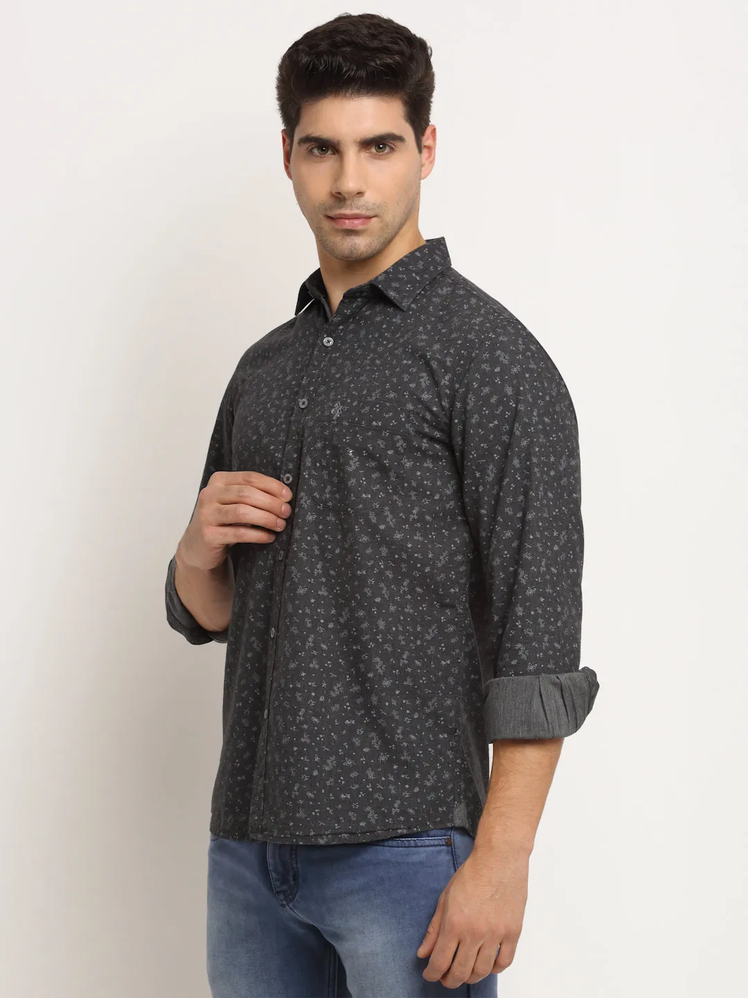 Men Cotton Printed Grey Full Sleeve Casual Shirt for Men with Pocket