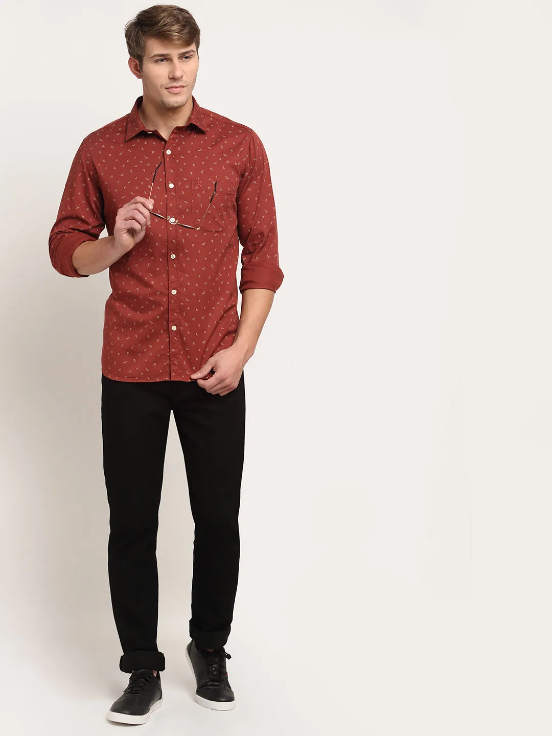 Men Cotton Printed Maroon Full Sleeve Casual Shirt for Men with Pocket