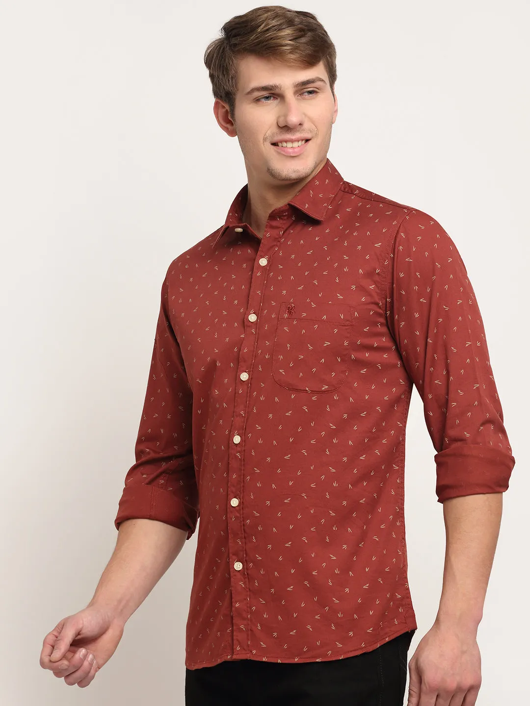 Men Cotton Printed Maroon Full Sleeve Casual Shirt for Men with Pocket