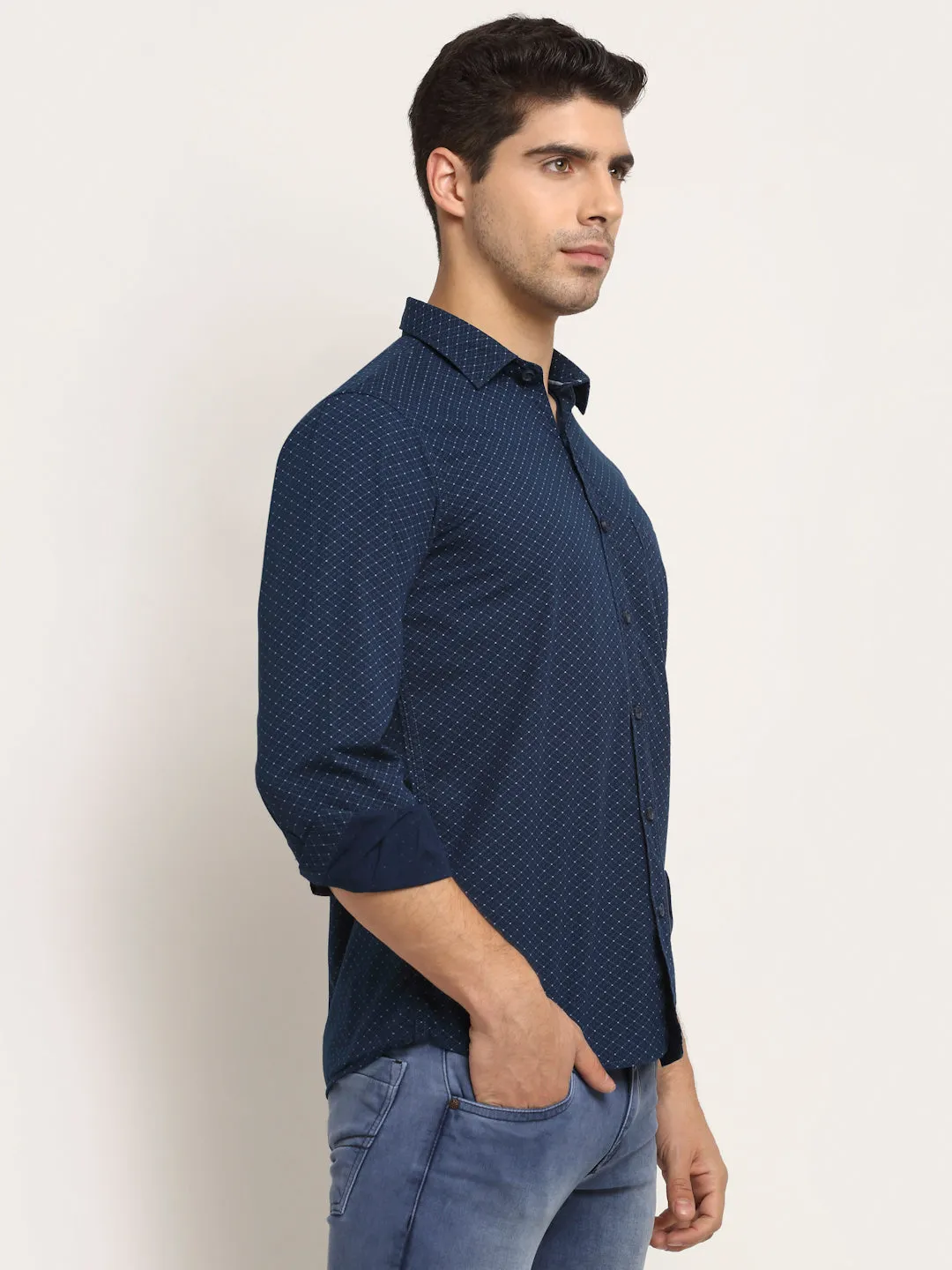 Men Cotton Printed Navy Blue Full Sleeve Casual Shirt for Men with Pocket