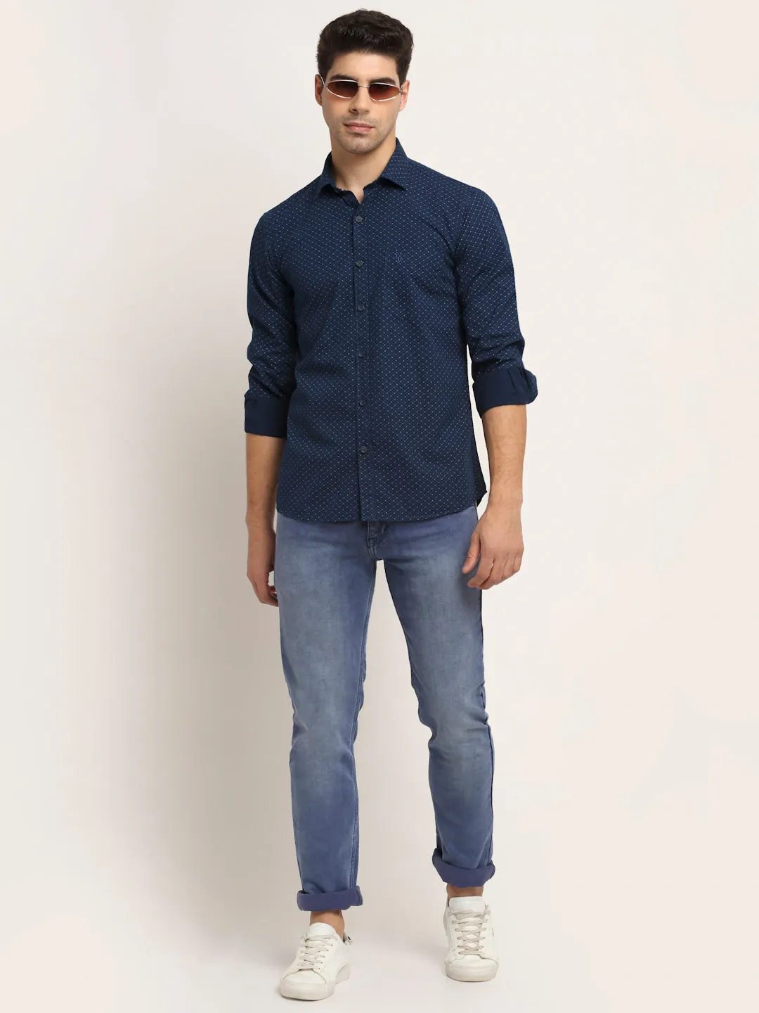Men Cotton Printed Navy Blue Full Sleeve Casual Shirt for Men with Pocket