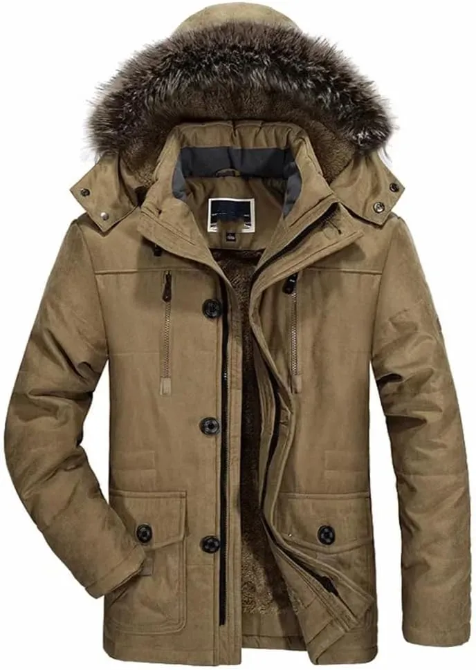 Men Outdoor Wool Liner Hooded Long Jacket Winter Padded Cotton Coat Thicken Hooded Snow Parkas
