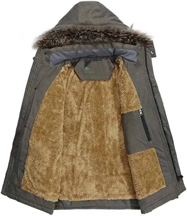 Men Outdoor Wool Liner Hooded Long Jacket Winter Padded Cotton Coat Thicken Hooded Snow Parkas