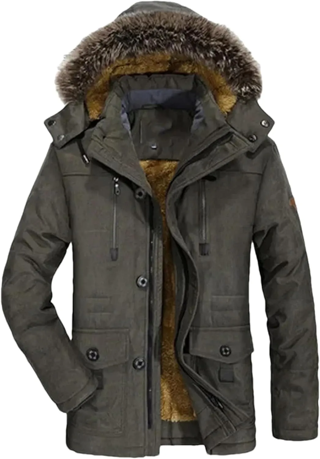 Men Outdoor Wool Liner Hooded Long Jacket Winter Padded Cotton Coat Thicken Hooded Snow Parkas