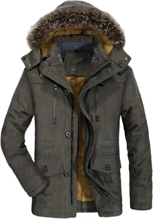 Men Outdoor Wool Liner Hooded Long Jacket Winter Padded Cotton Coat Thicken Hooded Snow Parkas