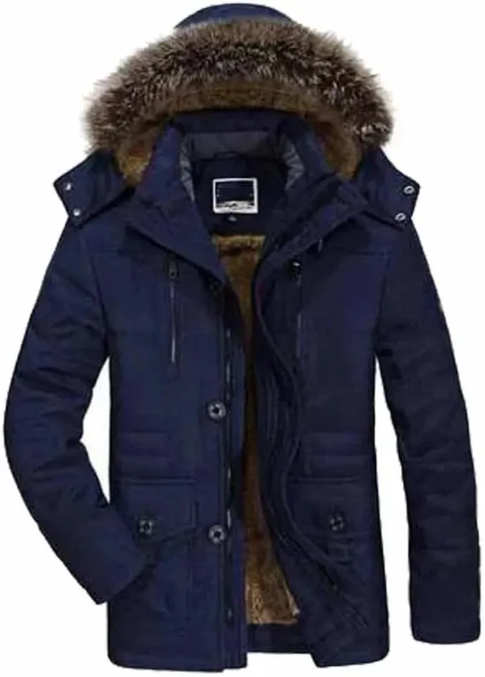 Men Outdoor Wool Liner Hooded Long Jacket Winter Padded Cotton Coat Thicken Hooded Snow Parkas
