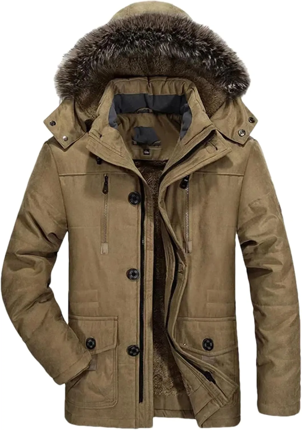 Men Outdoor Wool Liner Hooded Long Jacket Winter Padded Cotton Coat Thicken Hooded Snow Parkas
