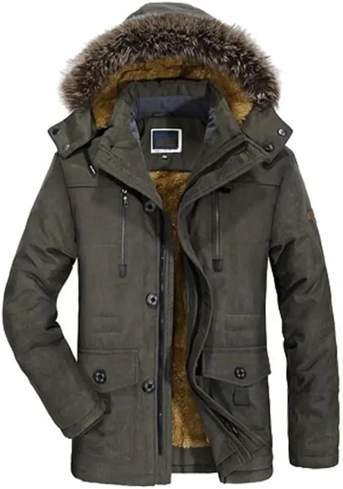 Men Outdoor Wool Liner Hooded Long Jacket Winter Padded Cotton Coat Thicken Hooded Snow Parkas