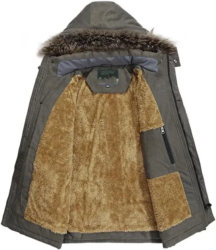 Men Thicken Padded Cotton Coat Winter Outdoor Hooded Long Jakcket Wool Liner Snow Parkas