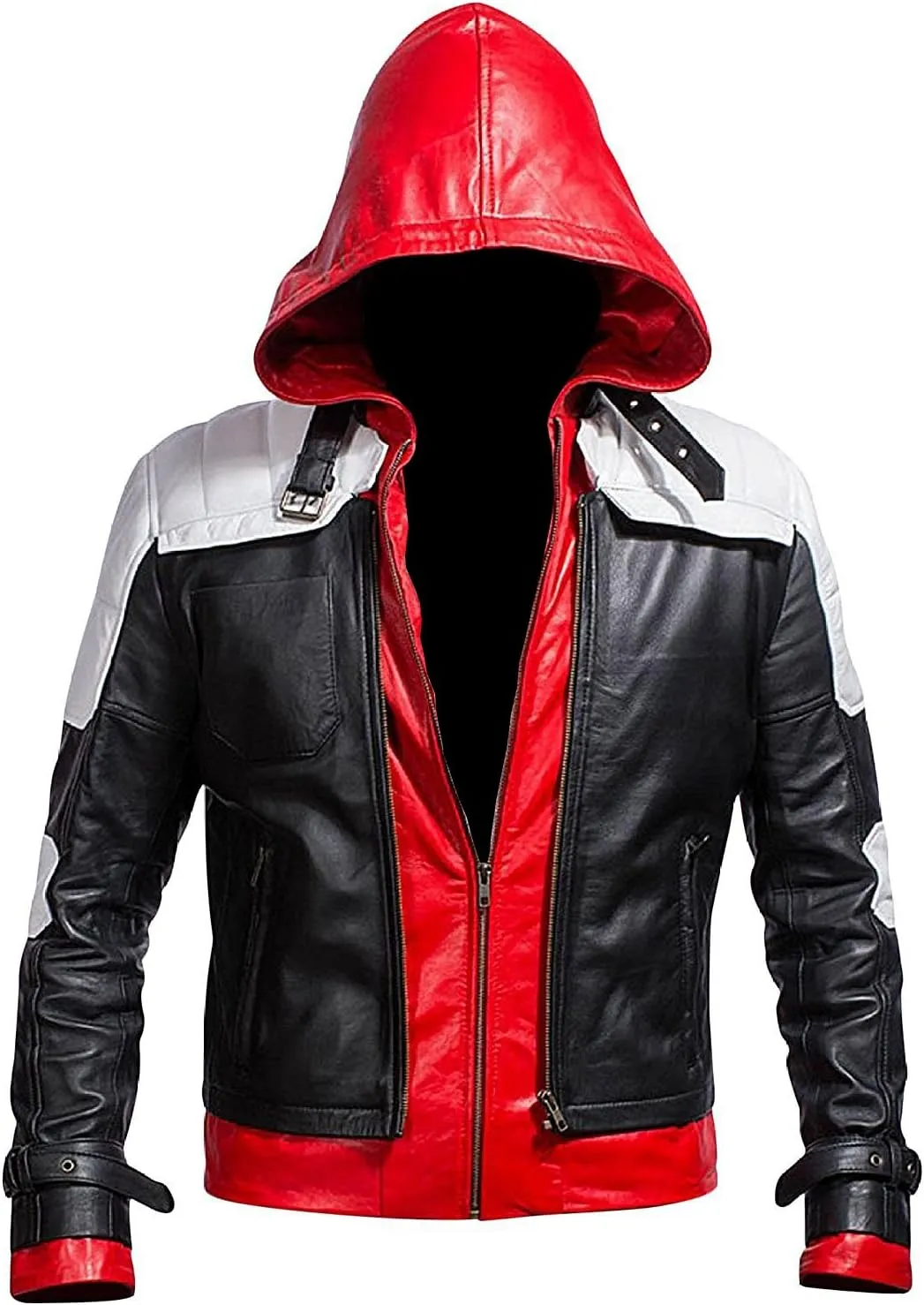 Mens Arkham Knight Red Hood Jacket Jason Todd Bat Logo Costume Jacket Motorcycle Leather Biker Jacket
