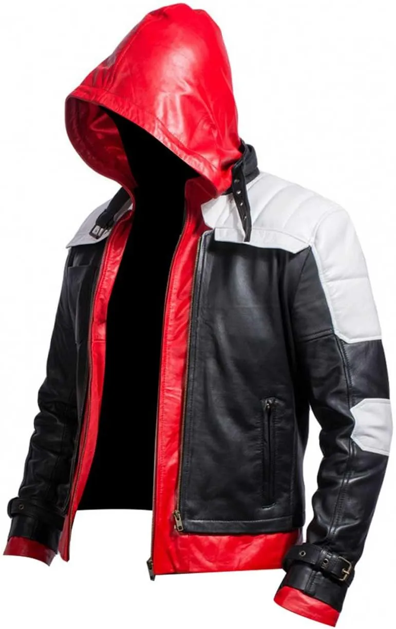 Mens Arkham Knight Red Hood Jacket Jason Todd Bat Logo Costume Jacket Motorcycle Leather Biker Jacket