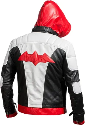 Mens Arkham Knight Red Hood Jacket Jason Todd Bat Logo Costume Jacket Motorcycle Leather Biker Jacket
