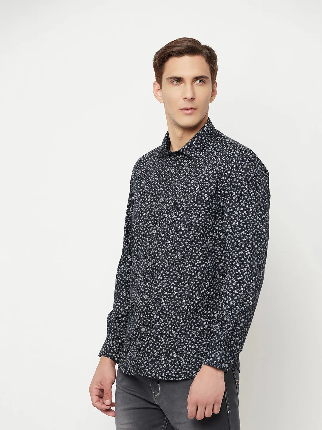 Men's Black Casual Floral Ditsy Print Full Sleeve Shirt