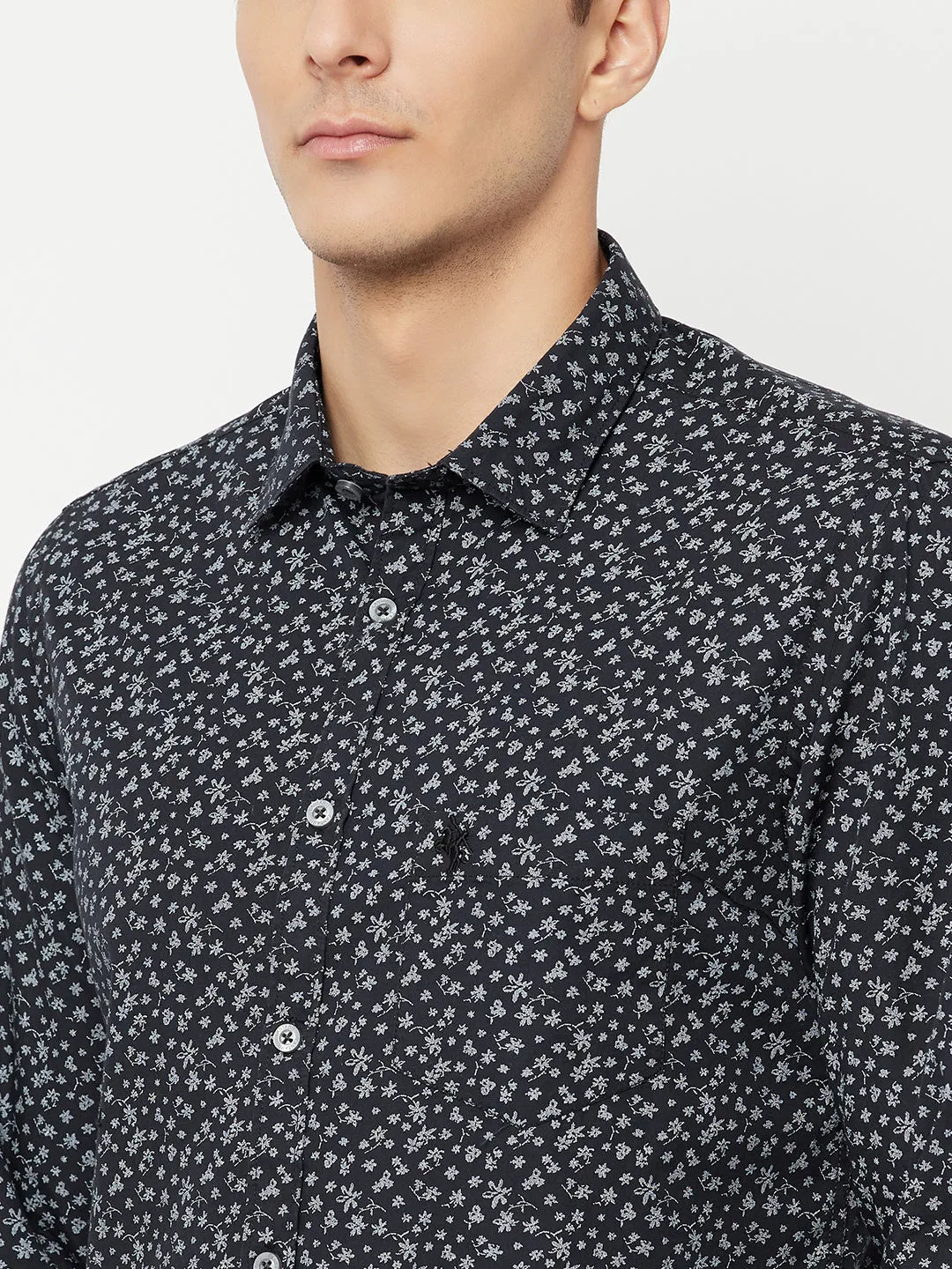Men's Black Casual Floral Ditsy Print Full Sleeve Shirt