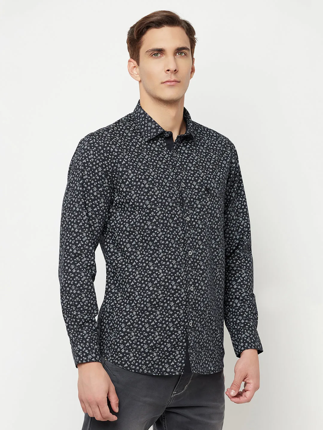 Men's Black Casual Floral Ditsy Print Full Sleeve Shirt