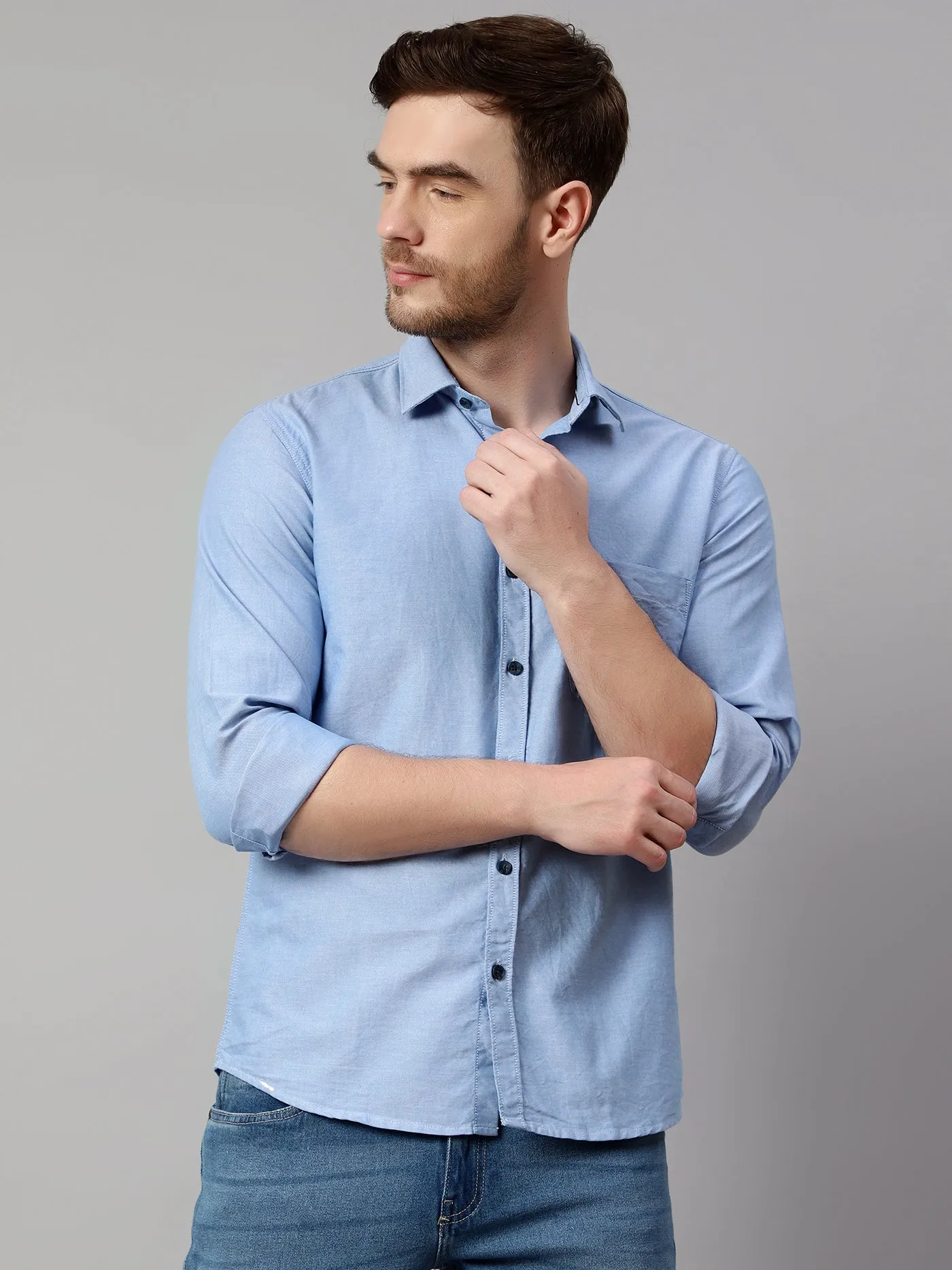 Men's Blue Casual Plain Full Sleeve Shirt