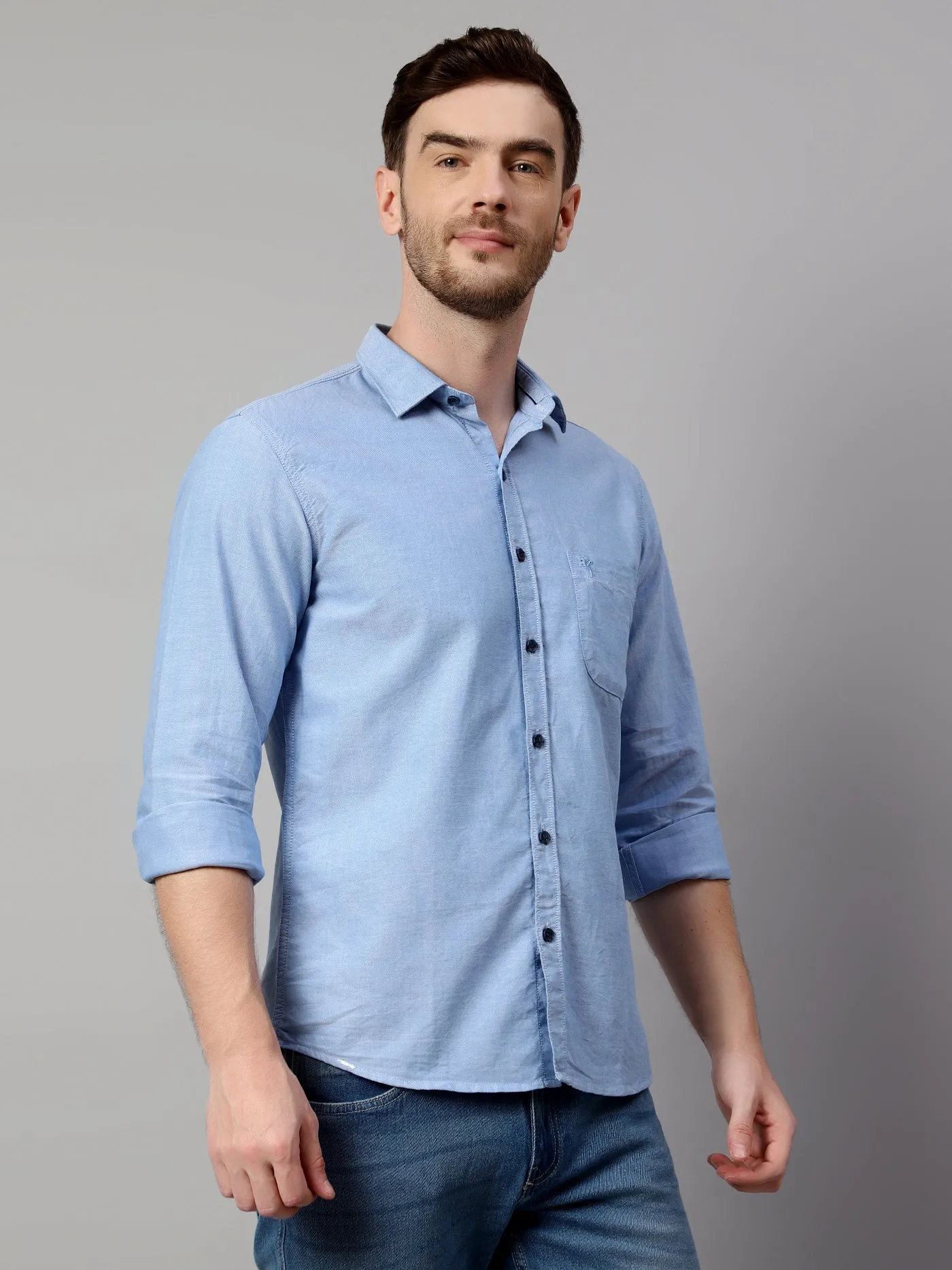 Men's Blue Casual Plain Full Sleeve Shirt