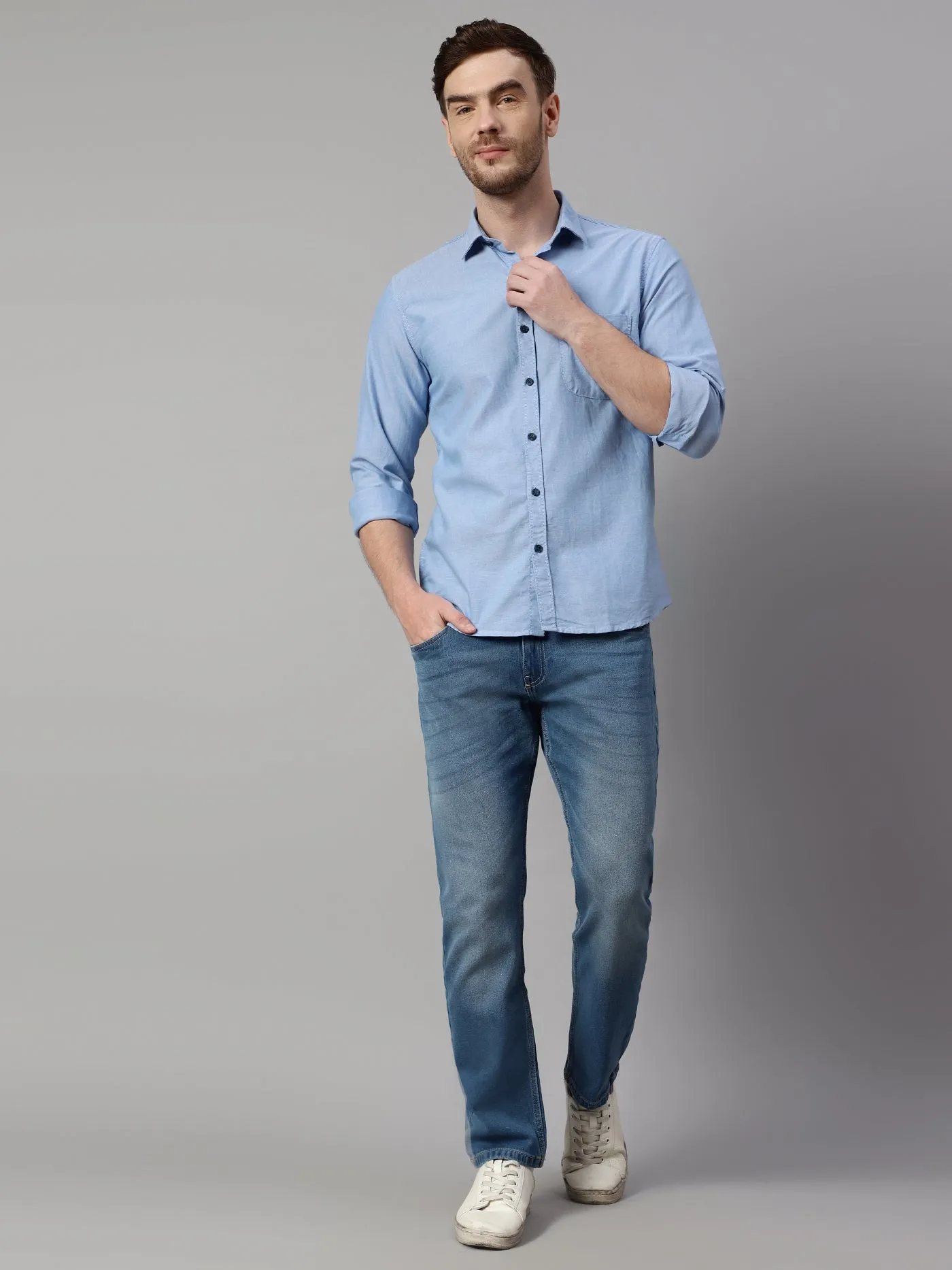Men's Blue Casual Plain Full Sleeve Shirt