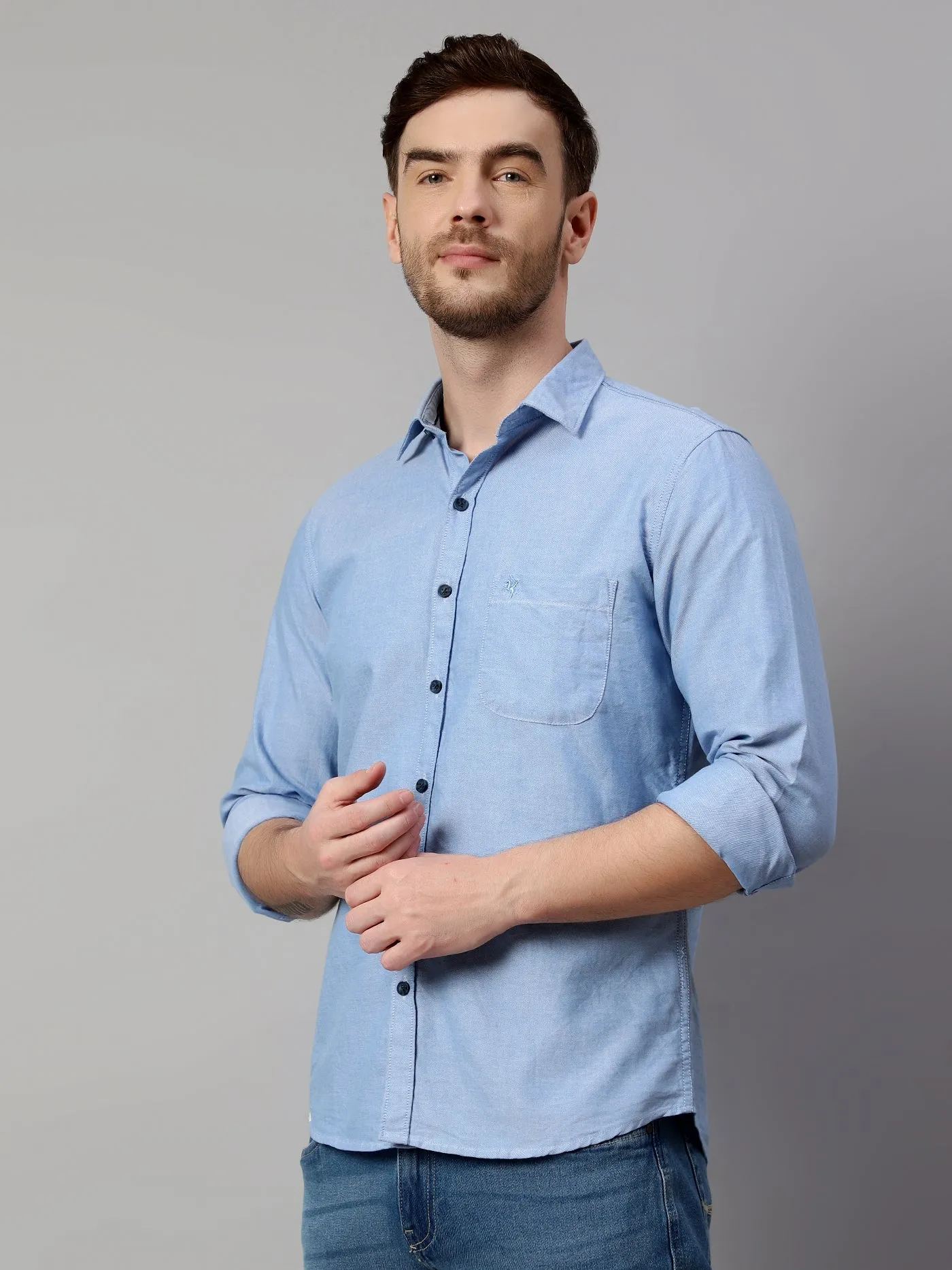 Men's Blue Casual Plain Full Sleeve Shirt