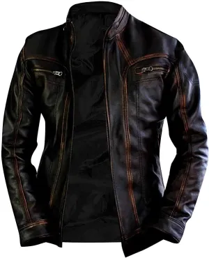 Mens Cafe Racer Vintage Motorcycle Distressed Retro Biker Leather Jacket