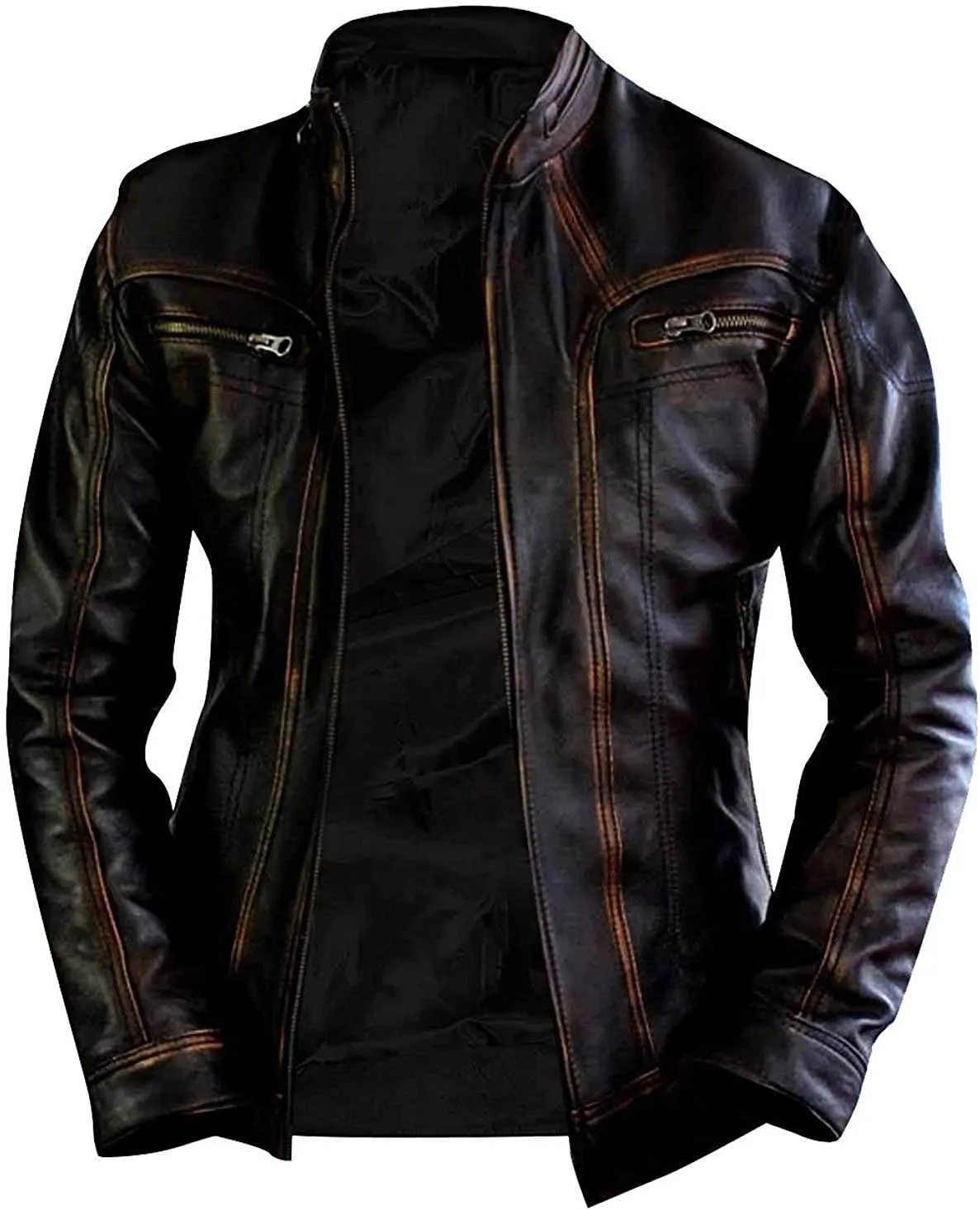 Mens Cafe Racer Vintage Motorcycle Distressed Retro Biker Leather Jacket