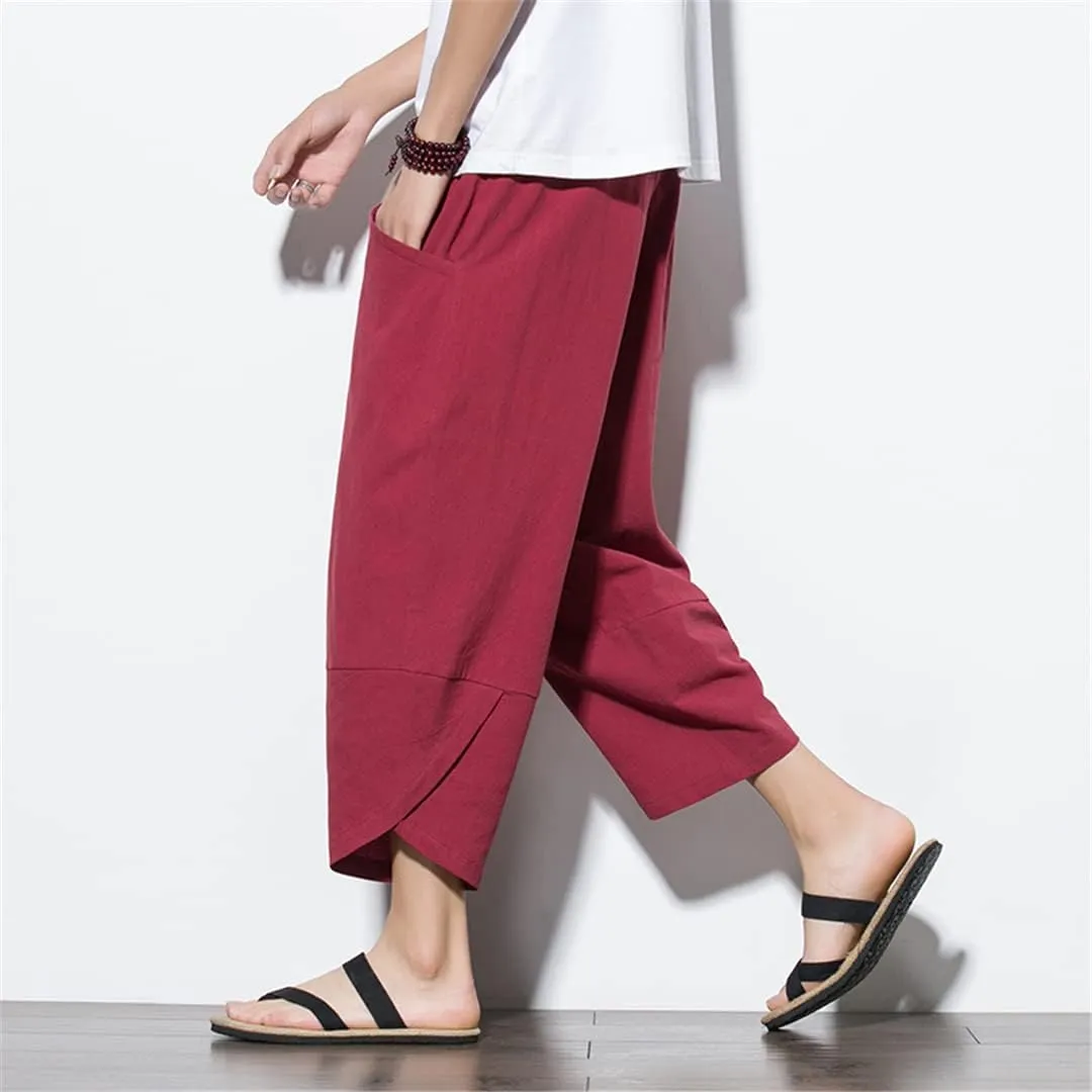 Men's China Style Cotton Harem Pants Beach Pantalon Casual Calf-Lenght Trousers Jogging Pants