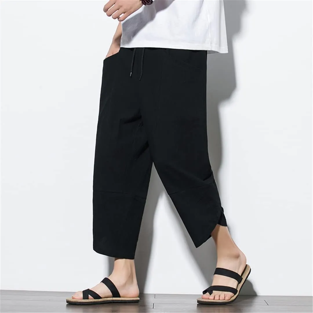 Men's China Style Cotton Harem Pants Beach Pantalon Casual Calf-Lenght Trousers Jogging Pants