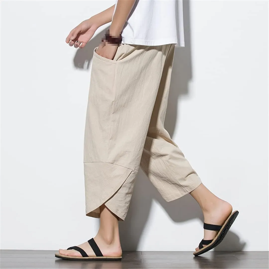 Men's China Style Cotton Harem Pants Beach Pantalon Casual Calf-Lenght Trousers Jogging Pants