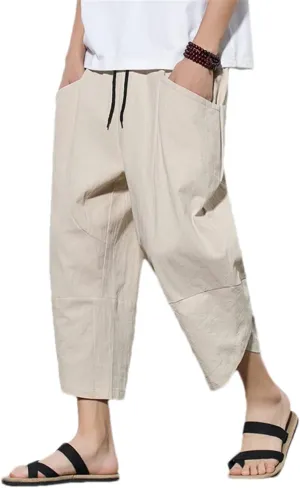 Men's China Style Cotton Harem Pants Beach Pantalon Casual Calf-Lenght Trousers Jogging Pants