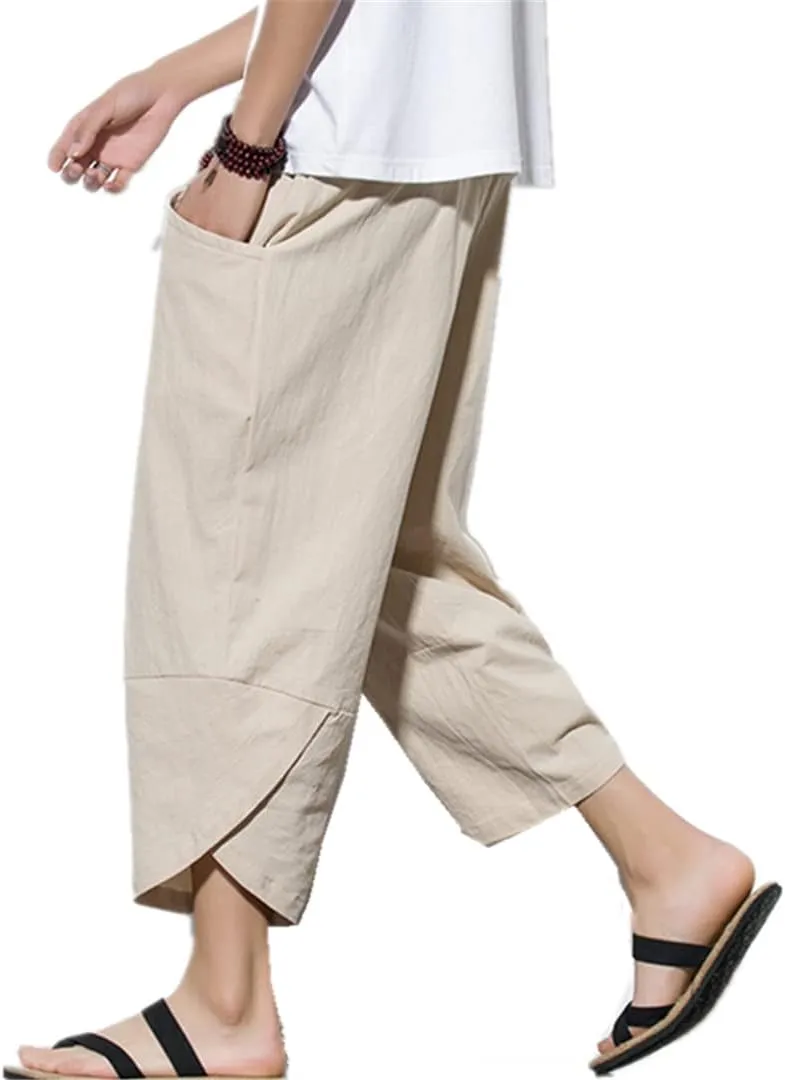 Men's China Style Cotton Harem Pants Beach Pantalon Casual Calf-Lenght Trousers Jogging Pants