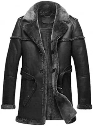 Men's Classic Anti Winter Grey Fur Black Real Sheepskin bomber Leather Duffle Coat