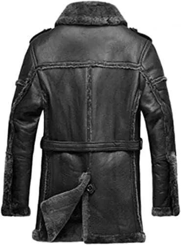 Men's Classic Anti Winter Grey Fur Black Real Sheepskin bomber Leather Duffle Coat
