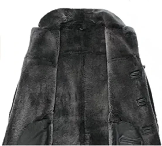 Men's Classic Anti Winter Grey Fur Black Real Sheepskin bomber Leather Duffle Coat