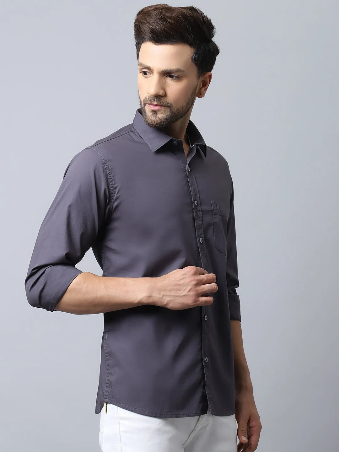 Men's Dark Grey Casual Plain Stretch Full Sleeve Shirt