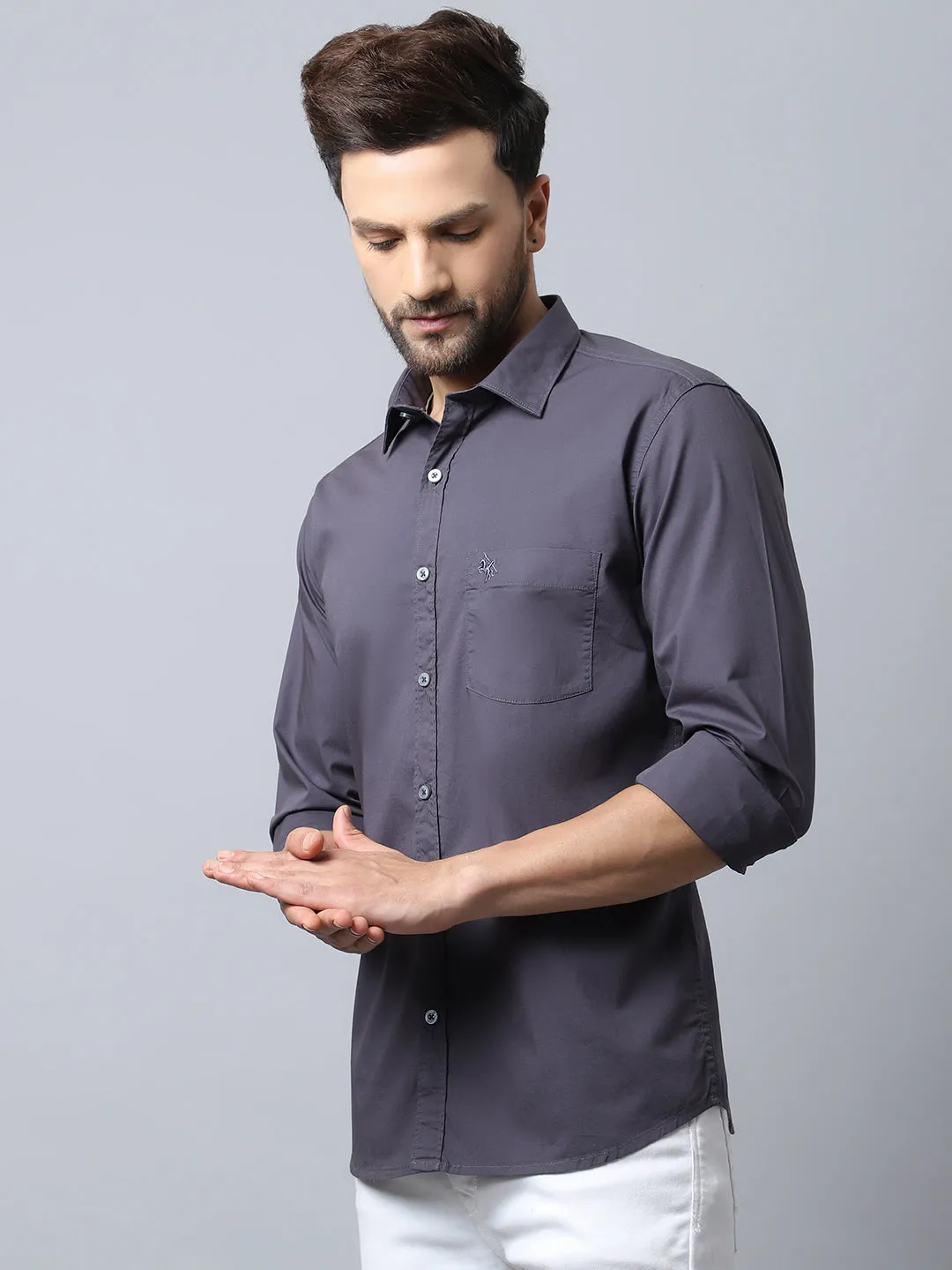 Men's Dark Grey Casual Plain Stretch Full Sleeve Shirt