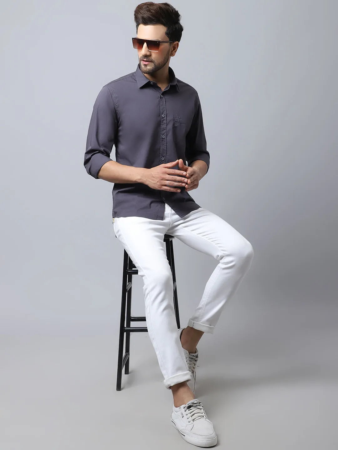 Men's Dark Grey Casual Plain Stretch Full Sleeve Shirt