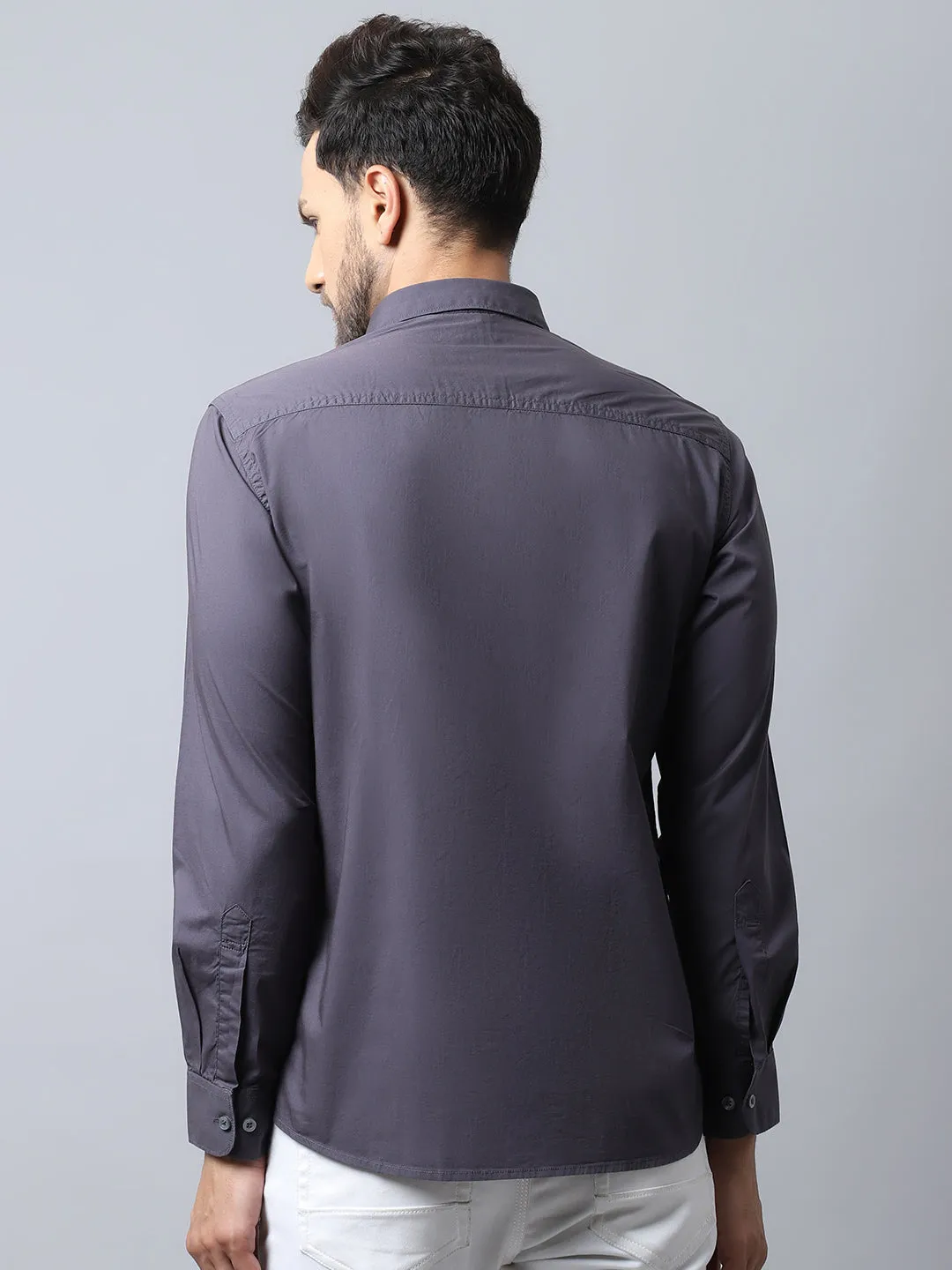 Men's Dark Grey Casual Plain Stretch Full Sleeve Shirt