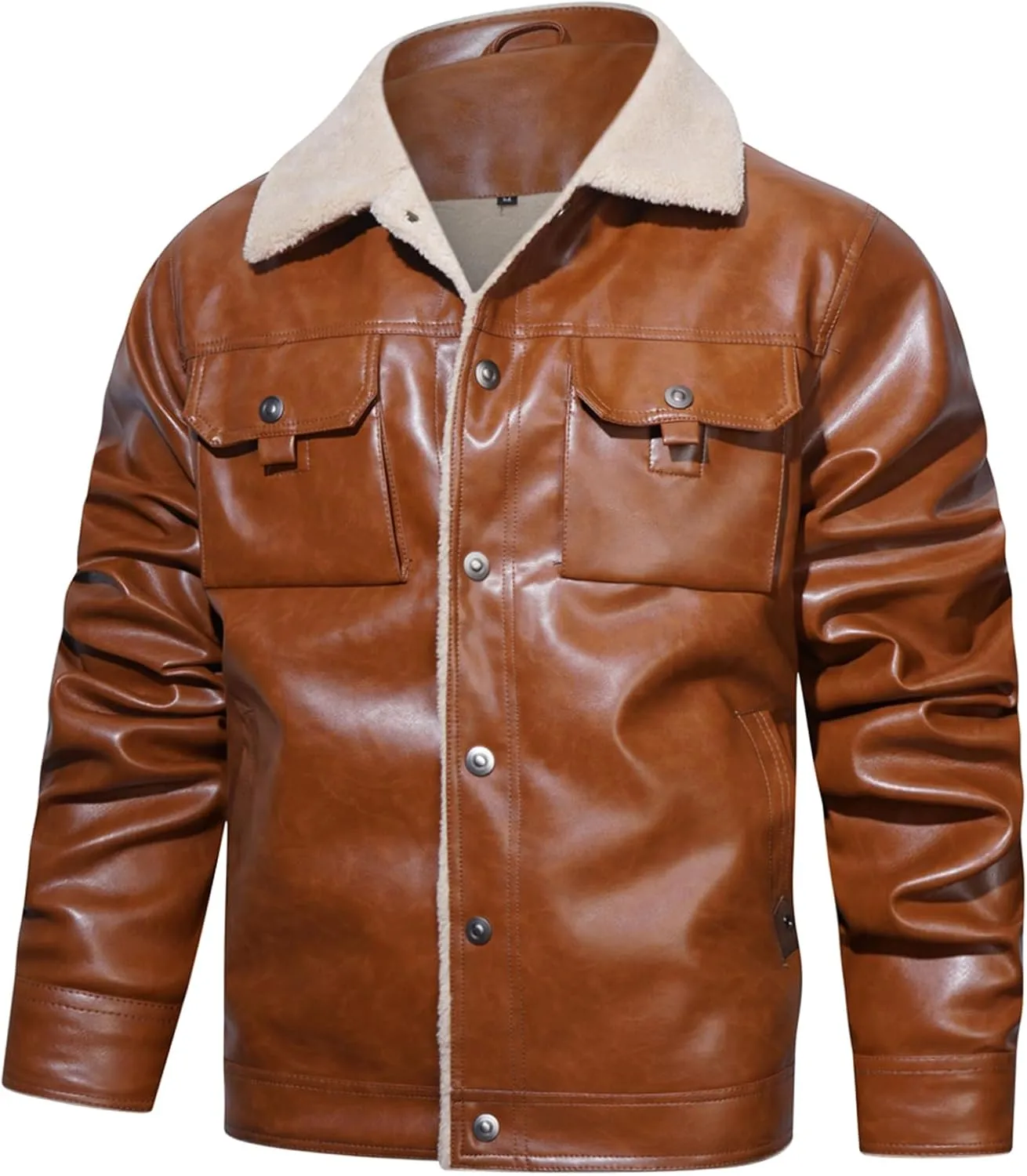 Men's Faux Leather Sherpa Lined Trucker Jacket Collar Winter Warm Coats Multi Pocket