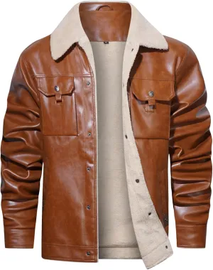 Men's Faux Leather Sherpa Lined Trucker Jacket Collar Winter Warm Coats Multi Pocket
