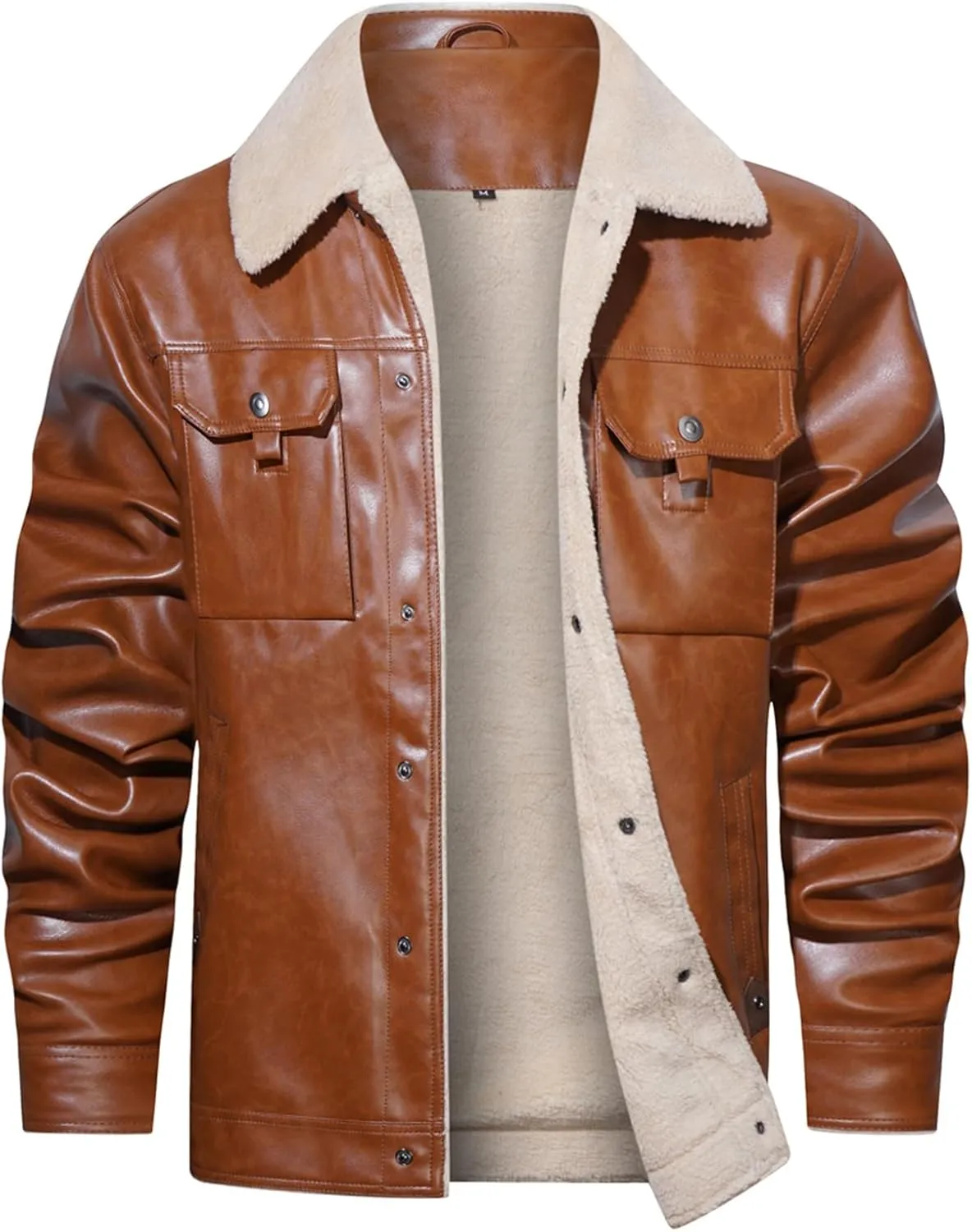 Men's Faux Leather Sherpa Lined Trucker Jacket Collar Winter Warm Coats Multi Pocket