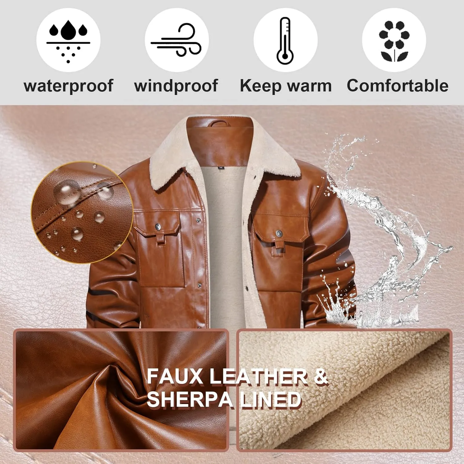 Men's Faux Leather Sherpa Lined Trucker Jacket Collar Winter Warm Coats Multi Pocket