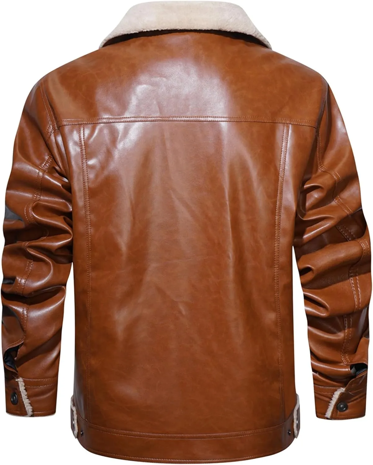Men's Faux Leather Sherpa Lined Trucker Jacket Collar Winter Warm Coats Multi Pocket