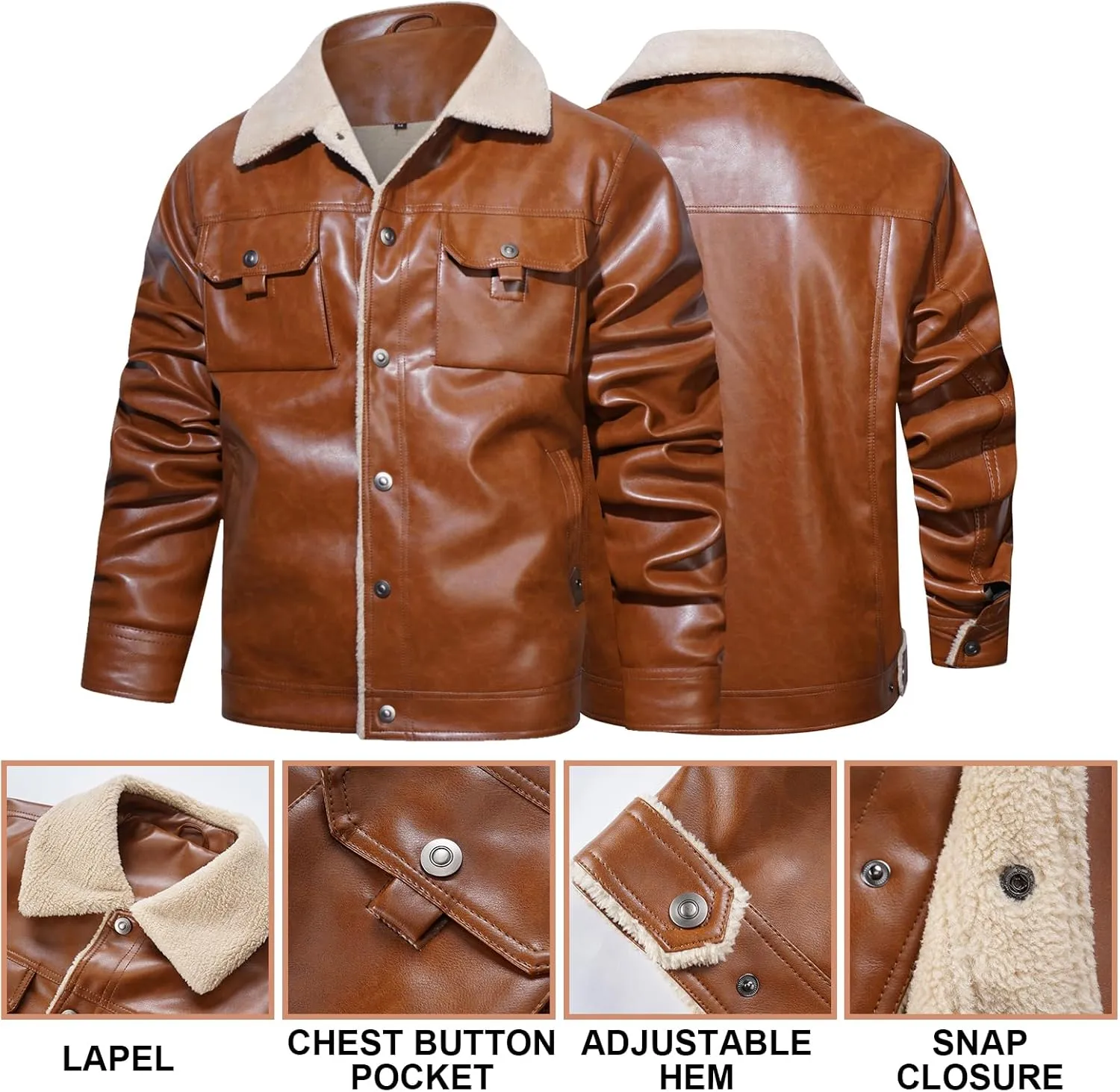 Men's Faux Leather Sherpa Lined Trucker Jacket Collar Winter Warm Coats Multi Pocket