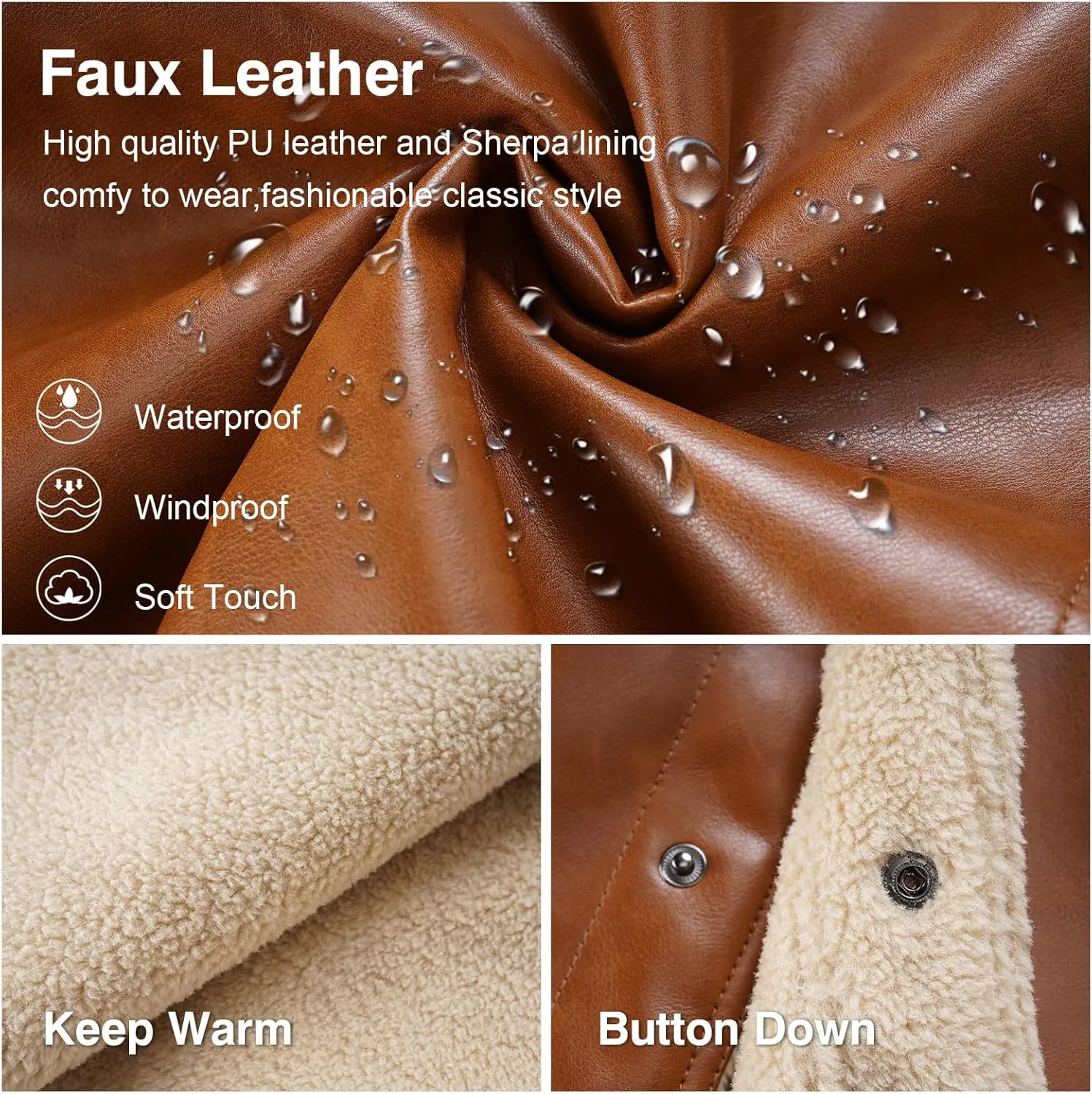 Men's Faux Leather Sherpa Lined Trucker Jacket Collar Winter Warm Coats Multi Pocket